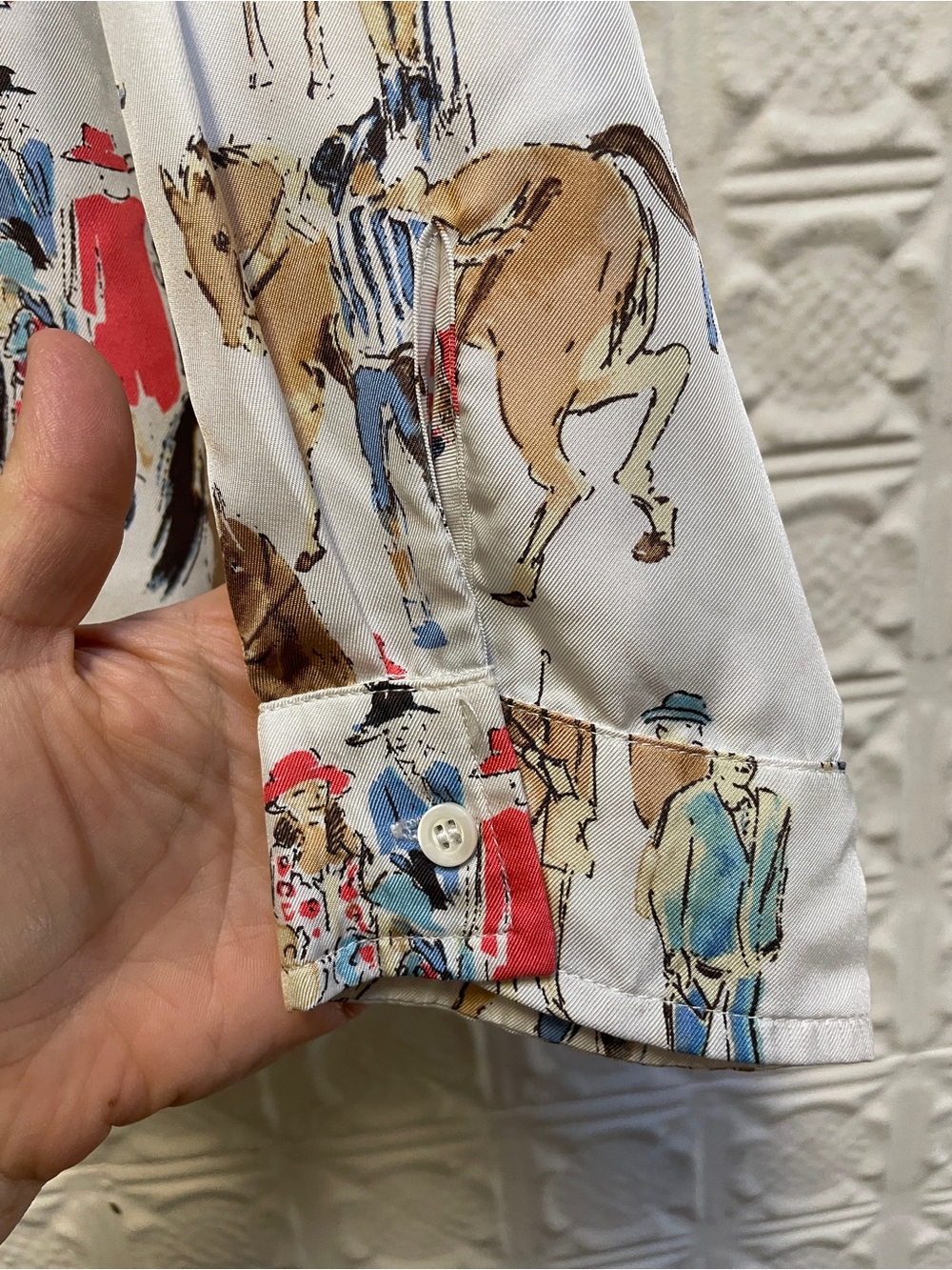 Vintage? J McLaughlin silk twill Equestrian Print Button-Up Shirt - Picture 4 of 5